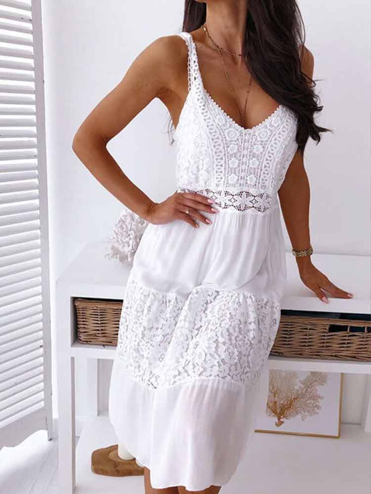 swvws Sexy Backless Midi Dress Women Summer Spaghetti Strap Boho Dress Fashion White Lace Patchwork Casual Beach Sleeveless Dresses