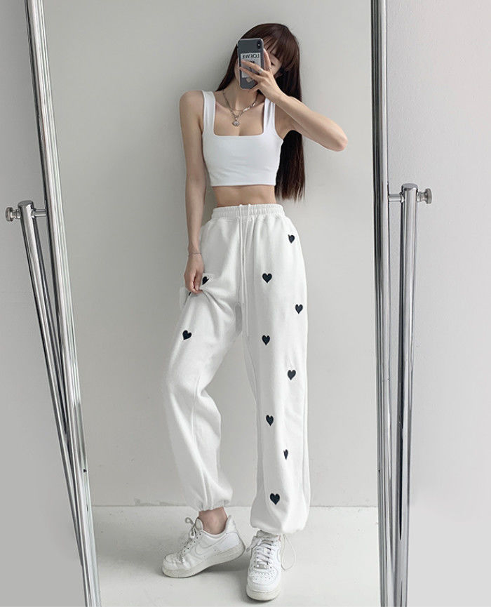 swvws  Spring And Autumn Hot Girls Street Style Printed Love Sweatpants Women's Thin High Waist Elastic Waist Guards Casual Loose