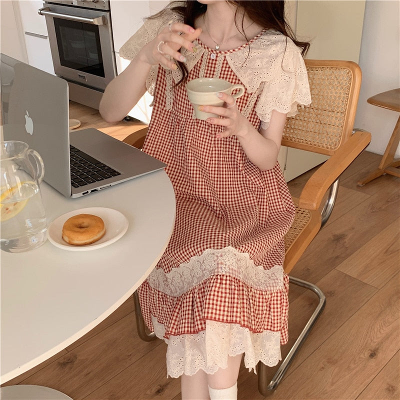 swvws Plaid Retro Elegant Casual NightDress Soft Ruffles Sweet Simple Summer O-Neck Princess Long Sleepwear Cotton Lace Short sleeve