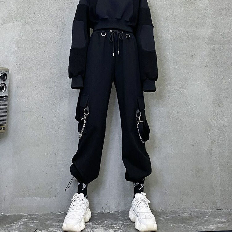 swvws Gothic Cargo Pants Women Harajuku Black High Waisted Hippie Streetwear Kpop Oversize Mall Goth Wide Trousers For Female