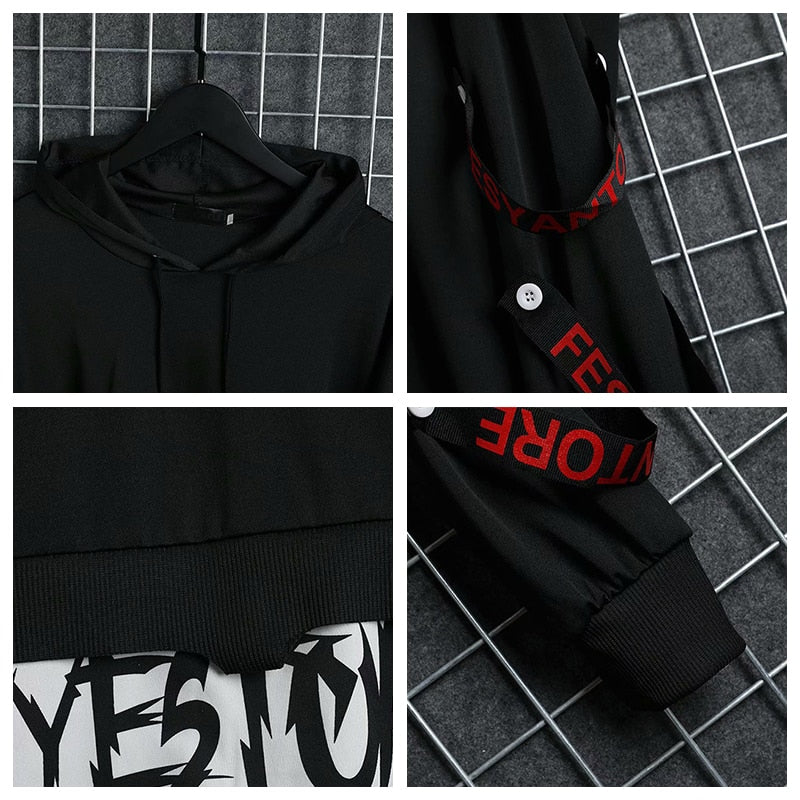 swvws Back To School  Autumn Men's Hoodie Sweatshirt Casual Black Hoodies Tops Hip Hop Harajuku Patchwork Japanese Streetwear Men