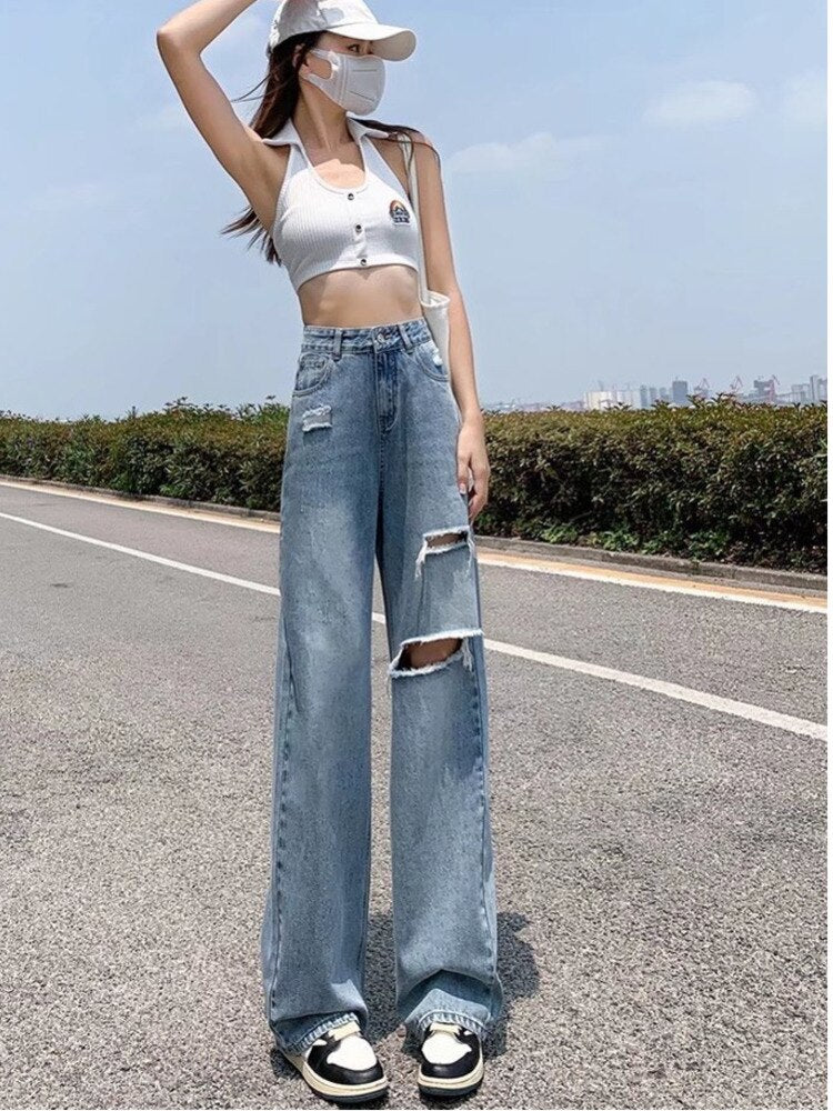 swvws Ripped Jeans Women's Summer Thin Section  New Straight Loose High Waist Thin Wide Leg Pants