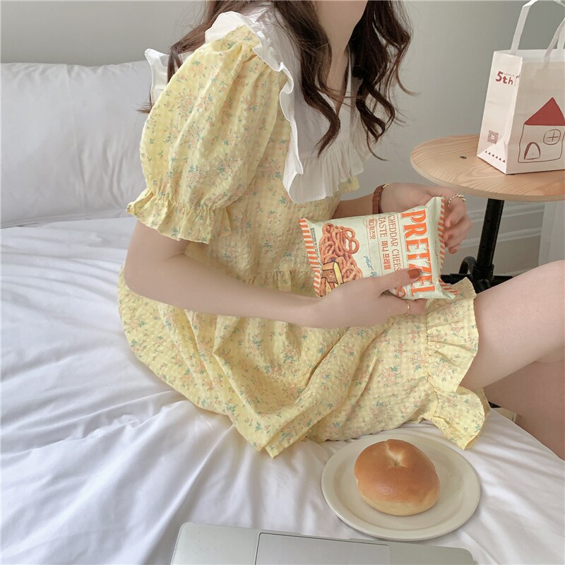 swvws Ruffles V-Neck Summer Pajamas Set Women Short Sleeve Sweet Blouse + Shorts Suit Cotton Sleepwear Flowers Plaid Homewear