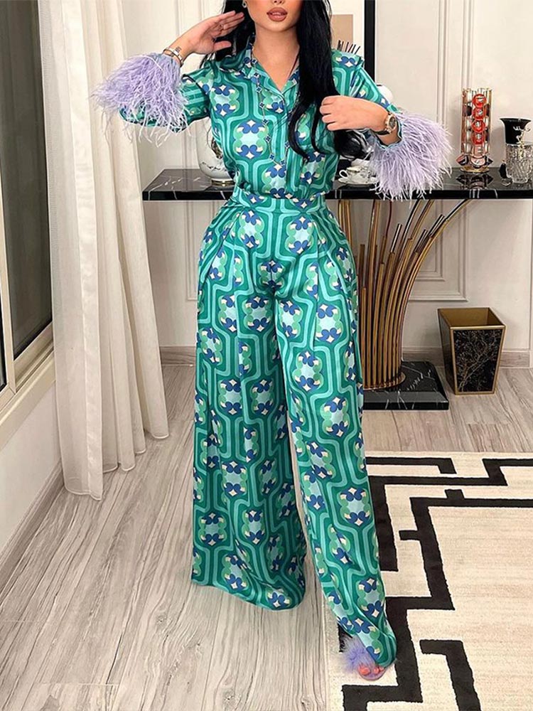 swvws Back To School Women Geometric Print Suits Two Piece Set Vintage Casual With Feathers Long Sleeve Loose Shirt And Pants Outfits