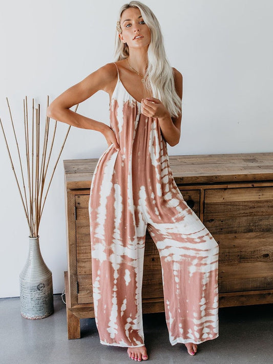 swvws Fashion Tie-Dye Jumpsuit For Women Loose Sleeveless Casual Homewear Summer Boho Vacation Beach Playsuit Strap Romper Overalls