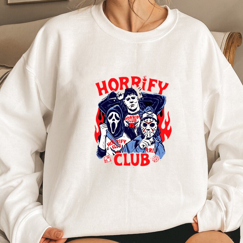 swvws Halloween Hoodies Stranger Things Horrify Club Hoodie Halloween Spooky Season Fall Sweatshirt Hell Devil Fire Graphic Pullover Crewneck Sweatshirt