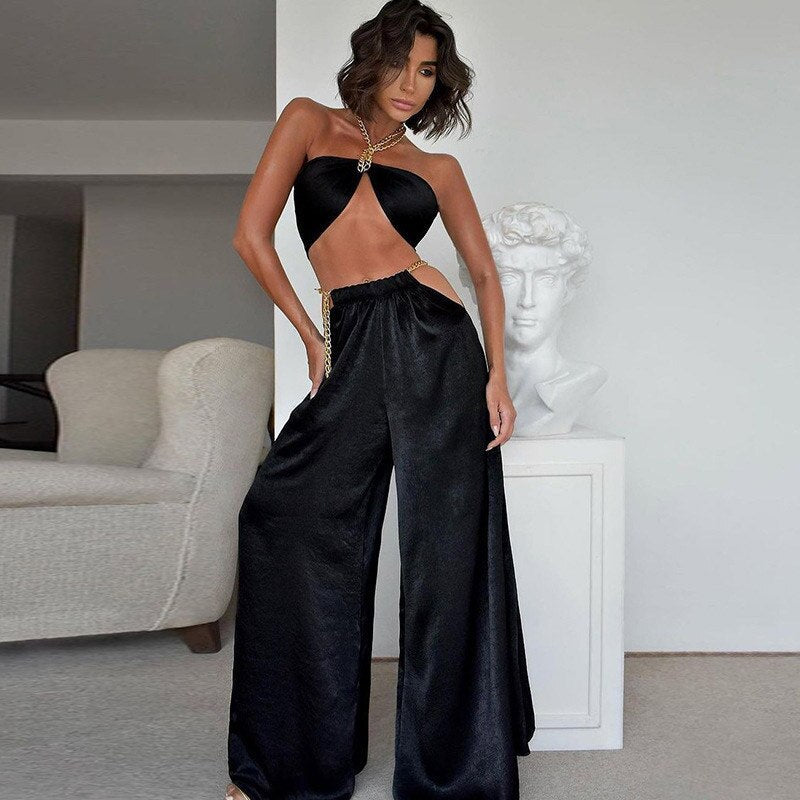 swvws Chain Halter Crop Top Pants Two Piece Set Women Backless Strapless Tube Tops Sets Long Wide Leg Pant Sexy Vacation Suit