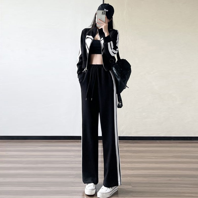 swvws  New Spring and Autumn Zipper Jacket High Waist Wide Leg Pants Two-piece Fashion Casual Loose Long-sleeved Sports Suit Women