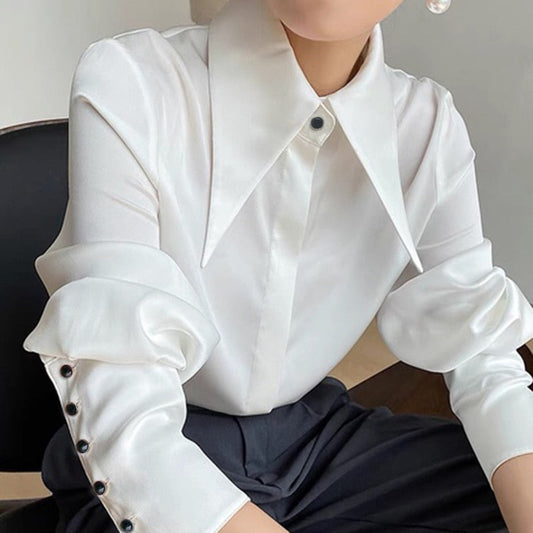 swvws Chic Vintage Women Blouse Elegant Single-Breasted Satin Silk Women Shirt Autumn New White Casual Ladies Shirts Tops Blusas