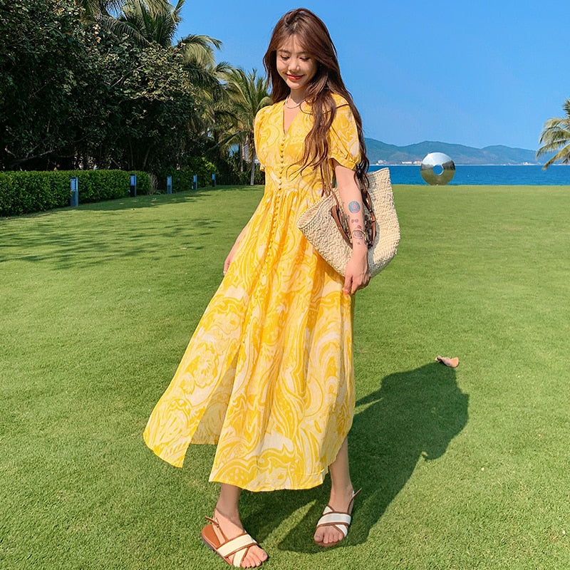 swvws Summer Bohemian Yellow Women's Senior Sense Chiffon V-neck High Waist Thin Temperament Elegant Fashion Seaside Resort Long Dress