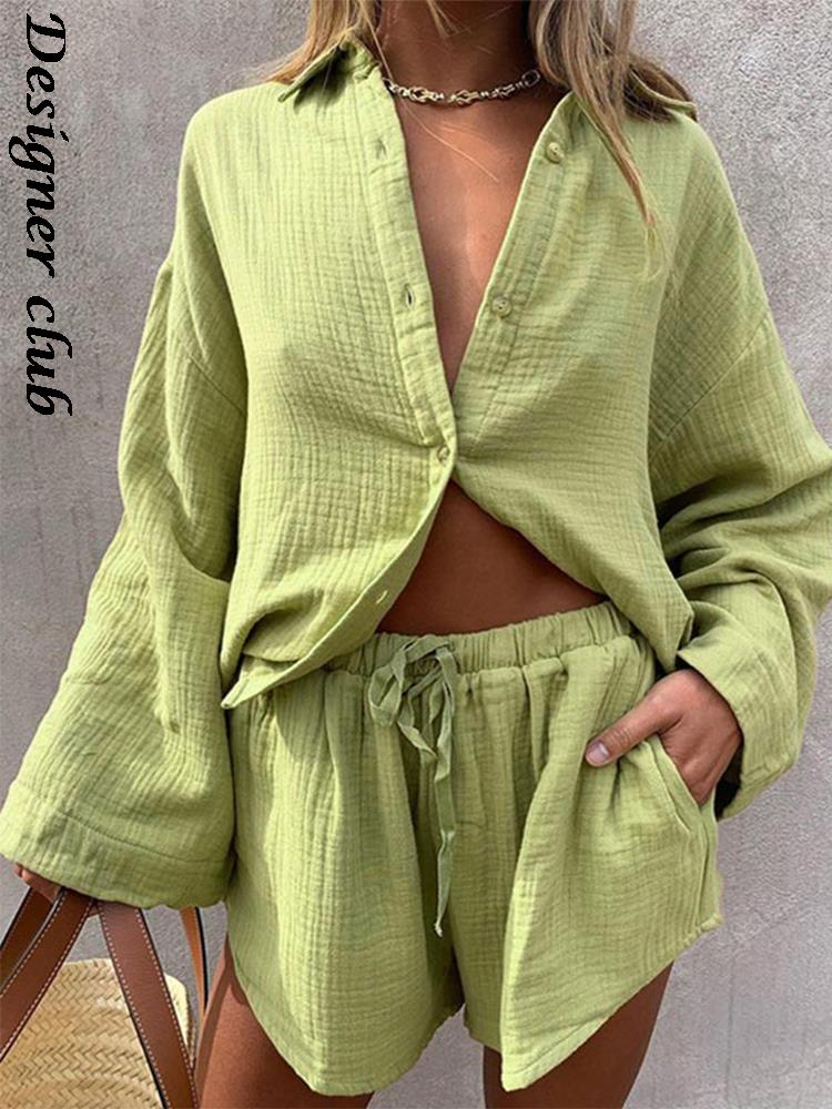 swvws Back To School Women Casual Tracksuit Shorts Set Summer Long Sleeve Shirt Tops And Mini Drawstring Shorts Suit Lounge Wear Two Piece Set