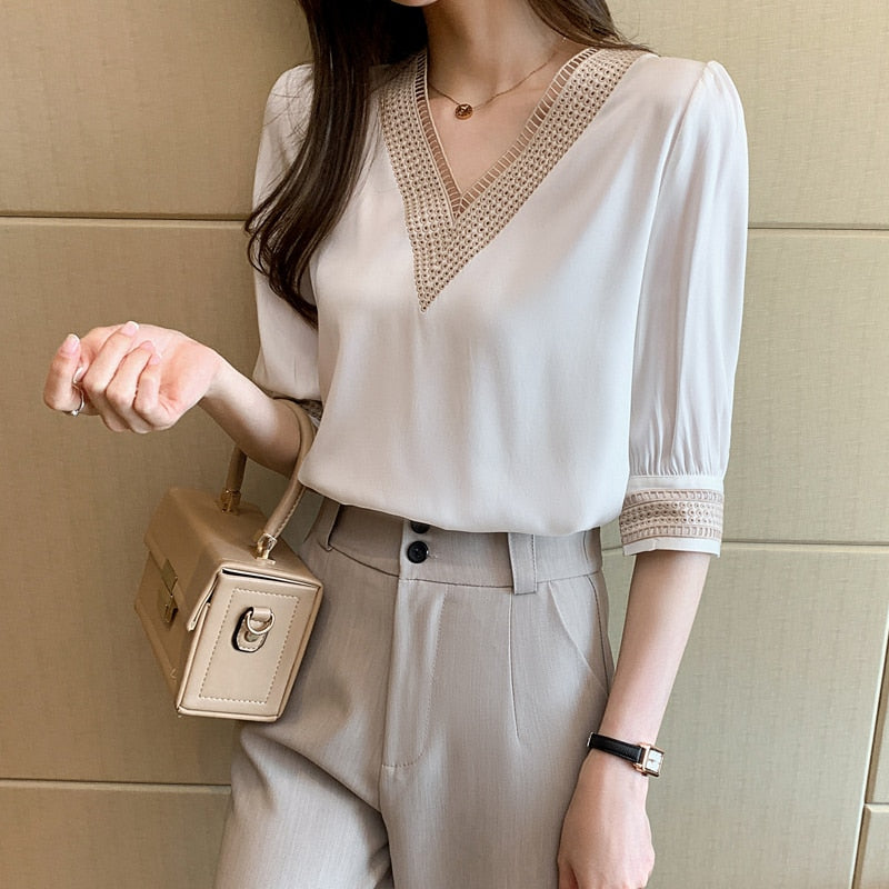 swvws Summer Embroidery V-Neck Chiffon Blouse Shirt Women Long Sleeve Loose White Women Blouses Tops Blusas Mujer De Moda