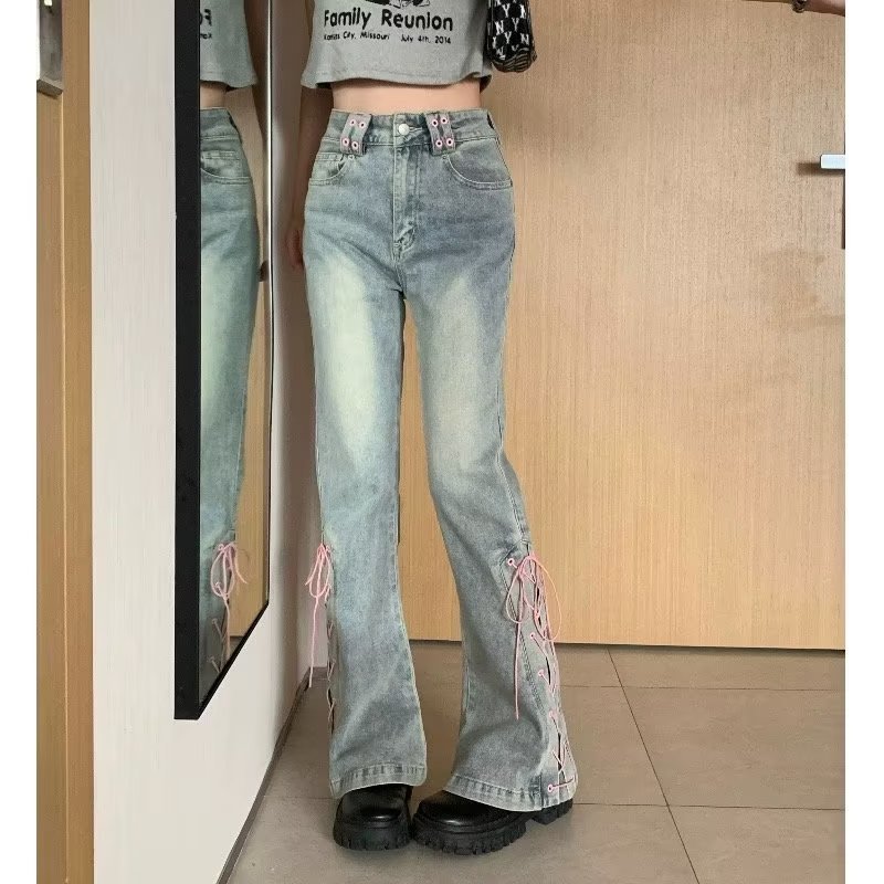 swvws Small Design With Straps And Mini Slacks, Retro High Waist Jeans For Female Xia Spicy Girls, Slim Straight Bell Pants, Autumn