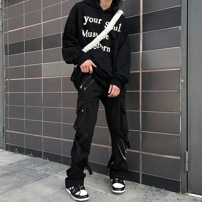 swvws Back To School  Hip Hop Cargo Pants Men Fashion Punk Pants Zipper Hippie Black Cargo Trousers Streetwear Harajuku Gothic Mall Goth Pants