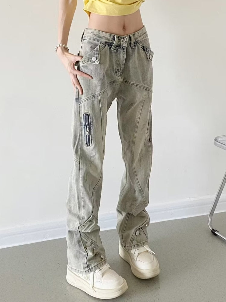 swvws Yellow Mud Color Street Zippered Jeans  Women's High Street Trendy Straight Leg Pants  Slimming Micro Flared Pants