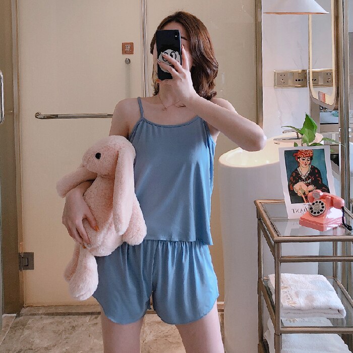 swvws 8 Colors Summer Milk Silk Sling Suit Korean Version Simple Shorts Pajamas Women's Multicolor Ladies Homewear Suit