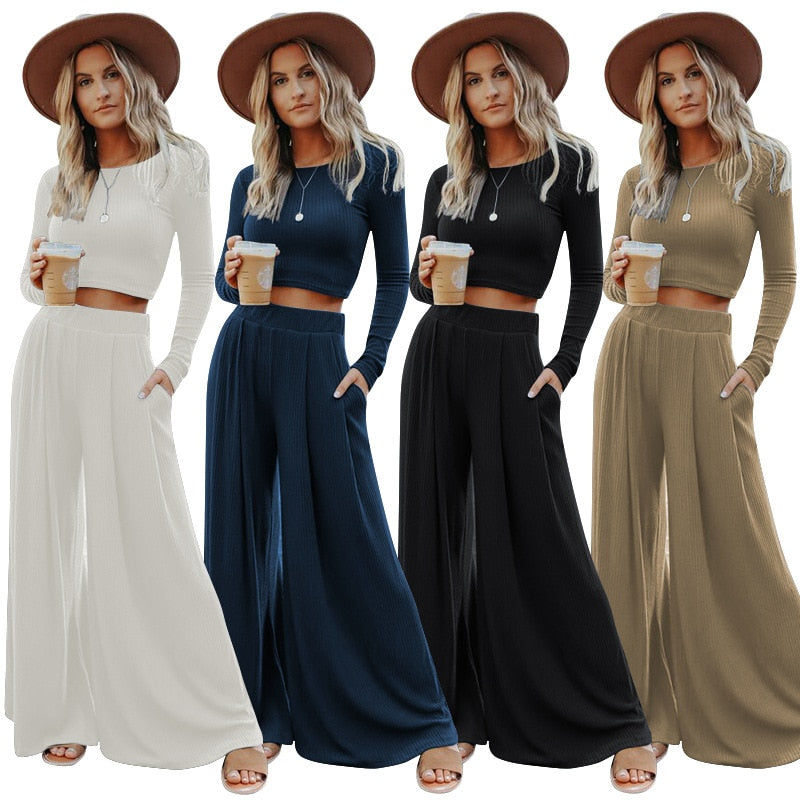 swvws  Solid Color Suit Two-Piece Fashion Casual Long-Sleeved Pullover Autumn Spring Wear Pit Strip Knitted Wide-Leg Pants Suit