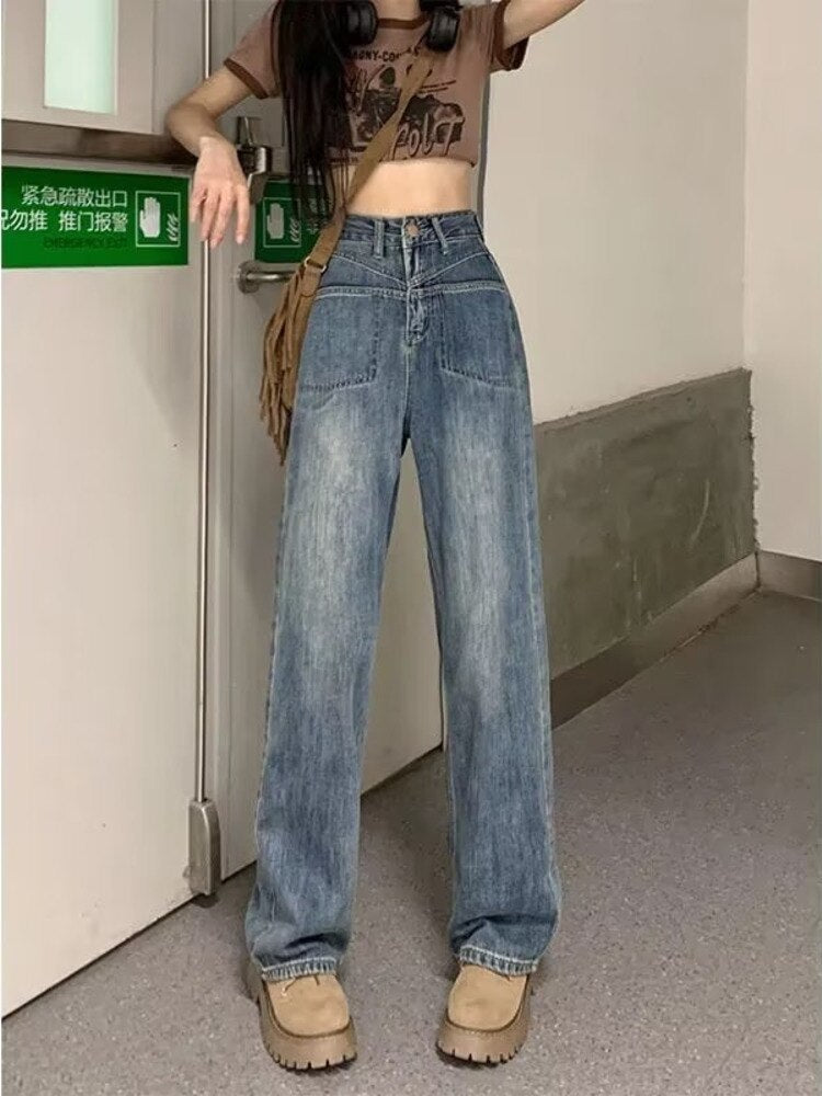 swvws Retro Blue Distressed Korean Version High-waisted High-straight Design Loose Jeans