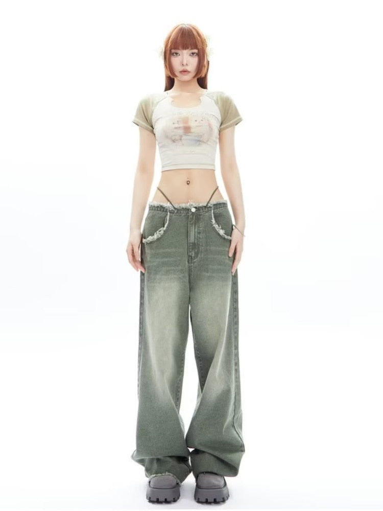 swvws Vintage Vintage Green Wide Leg Jeans For Women's High Street High Waisted Drape Straight Leg Wide Leg Mop Pants For Women'sJeans