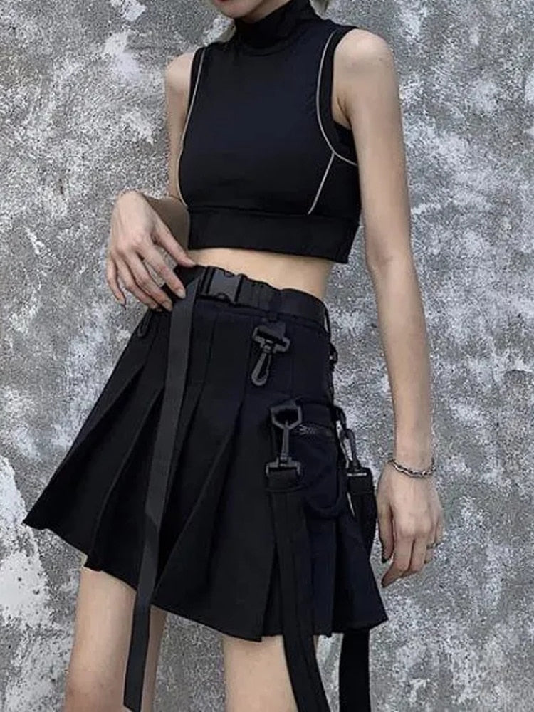 swvws Techwear Women Black Cargo Skirts Gothic Grunge Harajuku Punk High Waist Mini Skirt Dark Alt Wear Female Belt Aesthetic