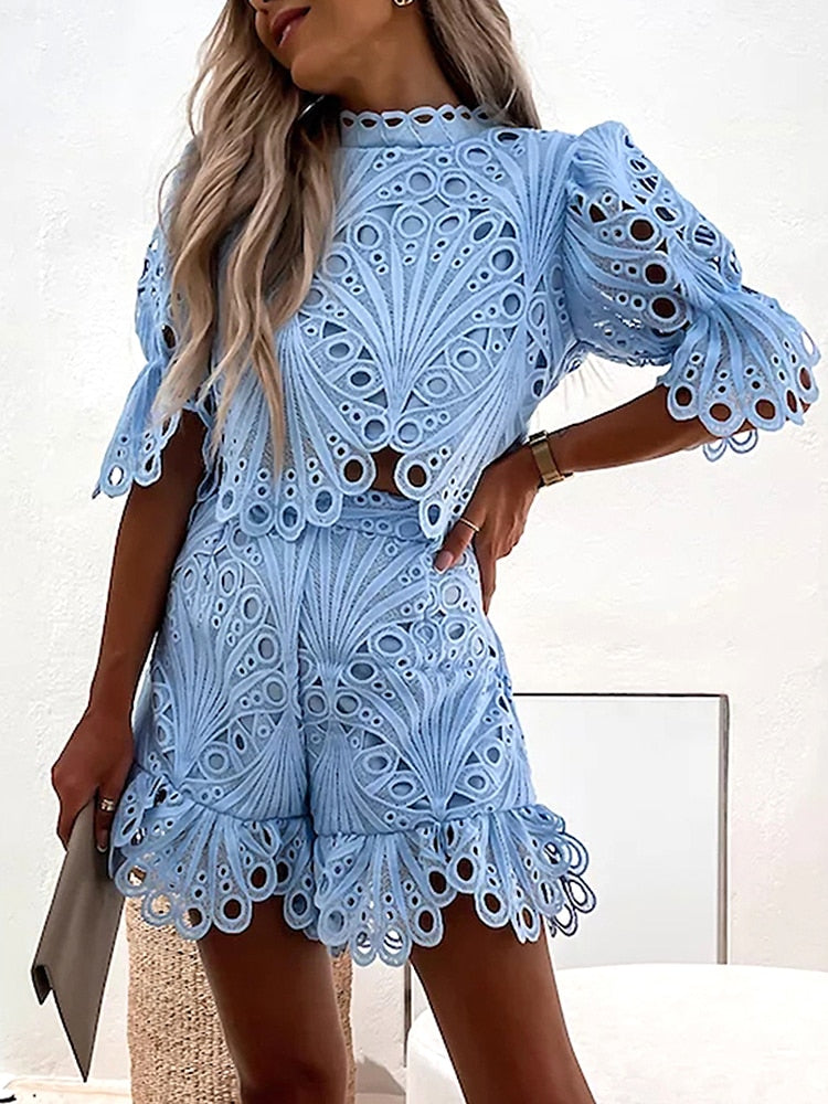 swvws Back To School Sexy Beach Party Lace Shorts Outfits Square Collar Short Sleeve Crop Tops And Short Pants Suit Two Piece Set