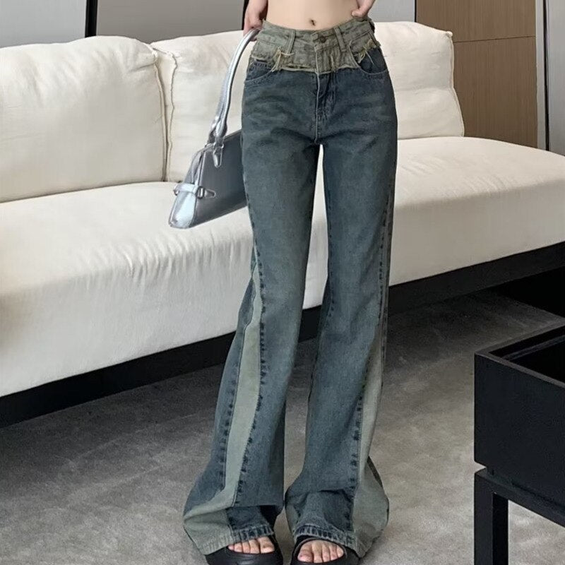 swvws Summer New Splice Slim Raglan Jeans Women Spice Girls High Waist Design Sense Small Public Show Thin Flare Pants