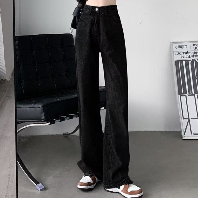 swvws European And American Gentle Style Dirty Pink Ruffled Jeans, Women's Loose And Trendy Straight Tube Versatile Wide Leg Pants