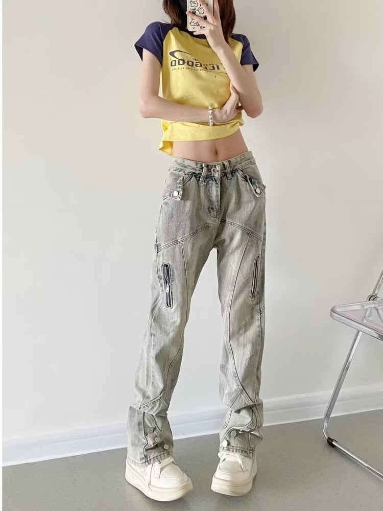 swvws Yellow Mud Color Street Zippered Jeans  Women's High Street Trendy Straight Leg Pants  Slimming Micro Flared Pants