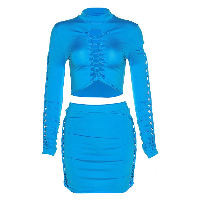 swvws Hollow Skinny 2 Piece Set Women Fall Trend Long Sleeve Solid Chic Crop Top+Mini Skirts Matching Streetwear Outfits