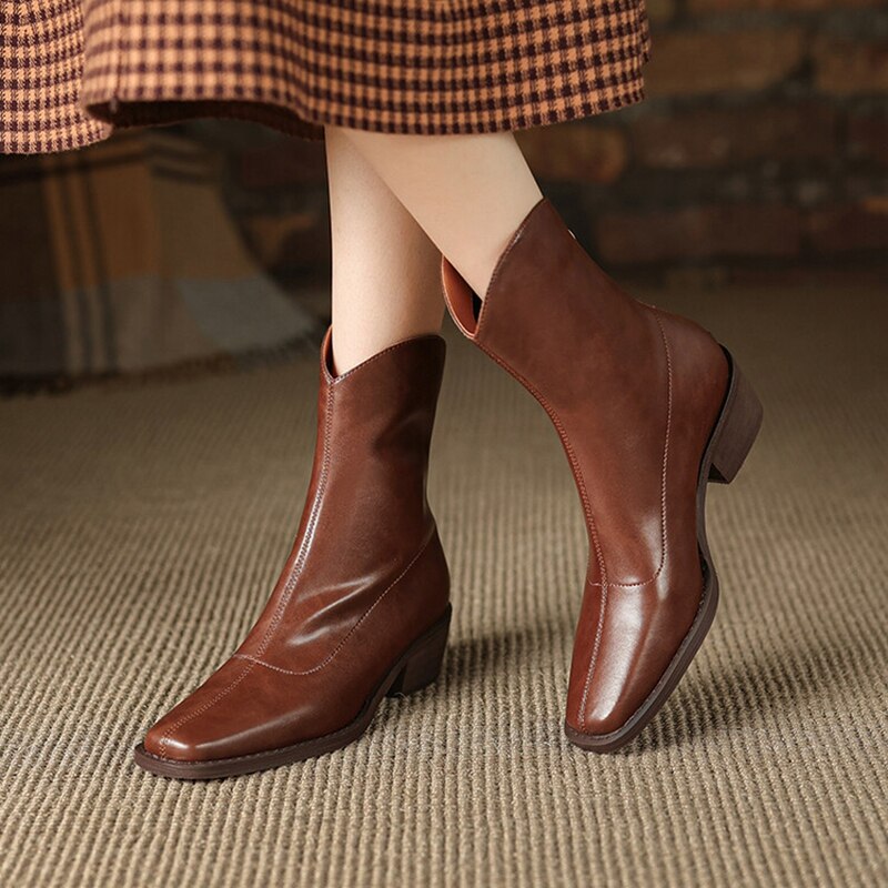 swvws  fashion inspo   NEW Fashion Women Shoes Split Leather Boots Square Toe Chunky Heel Shoes Winter Zipper Western Boots Women Solid High Heel Boots