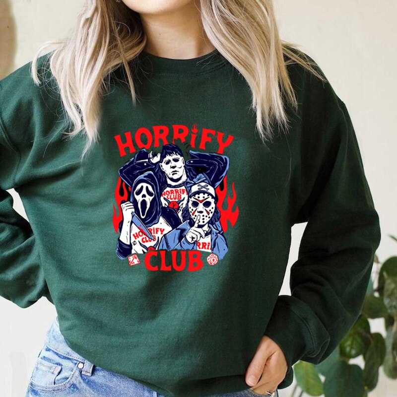 swvws Halloween Hoodies Stranger Things Horrify Club Hoodie Halloween Spooky Season Fall Sweatshirt Hell Devil Fire Graphic Pullover Crewneck Sweatshirt