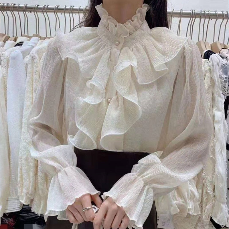 swvws Korean Chic Ruffles Stitching Elegant Blouse Woman Stand Collar Button Chiffon Shirt Long Flare Sleeve Fashion Loose Tops