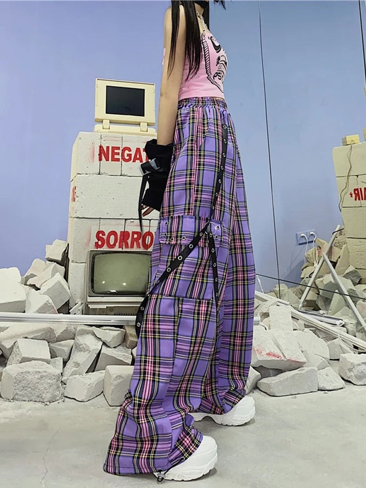 swvws Mall Goth Y2K Cargo Pants Women Hippie Purple Plaid Harajuku Streetwear Chain Checked Trousers Famale High Waist Aesthetic