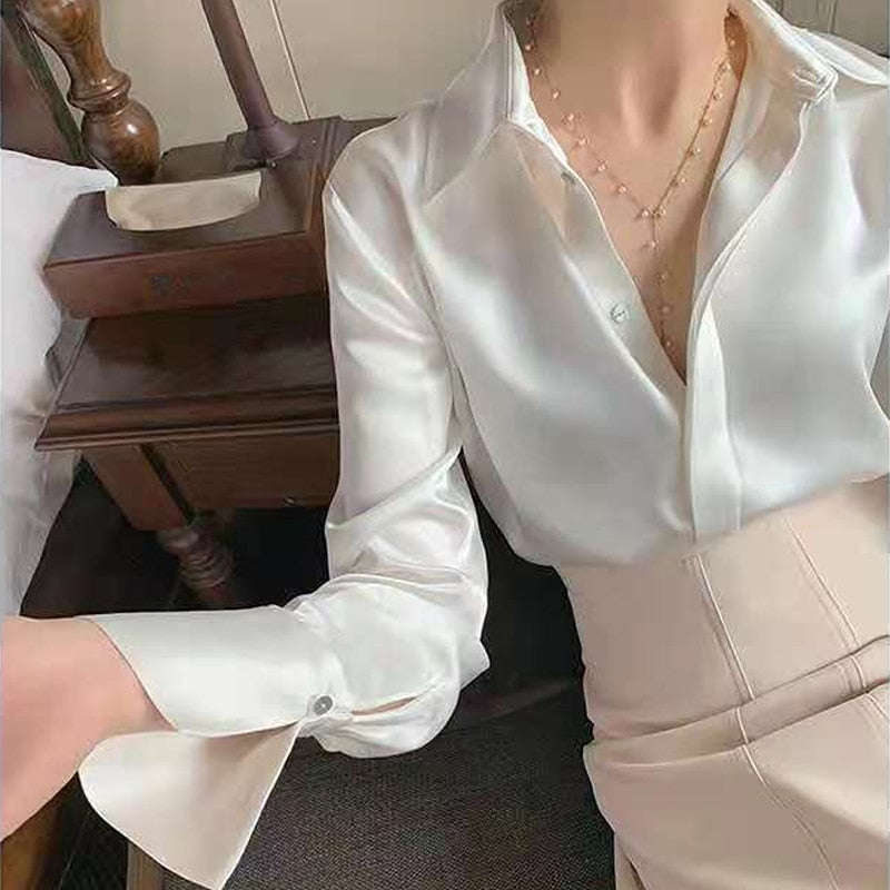 swvws Fashion New Satin Blouse Women Long Sleeve Women Shirt Tops Casual Office Button Shirt Turn Down Collar White Shirts Blusa 17823