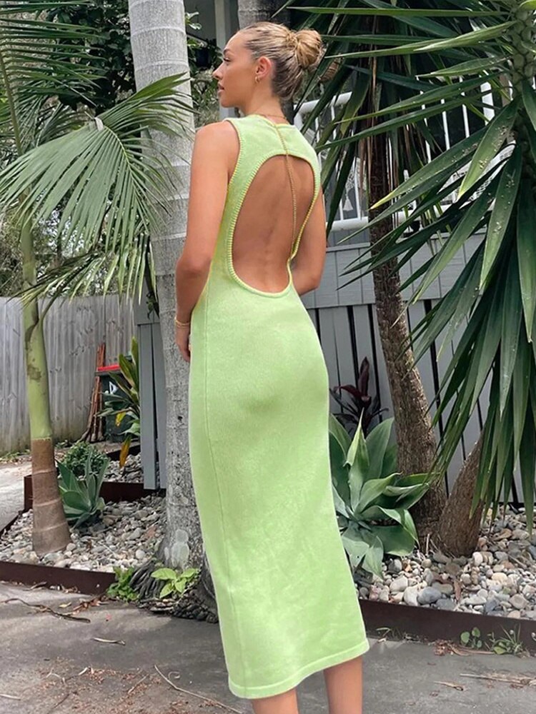 Townlike New White High Stretch Knitting Sexy Dress Women Backless Midi Long Summer Dress Elegant Casual Dresses Vestidos