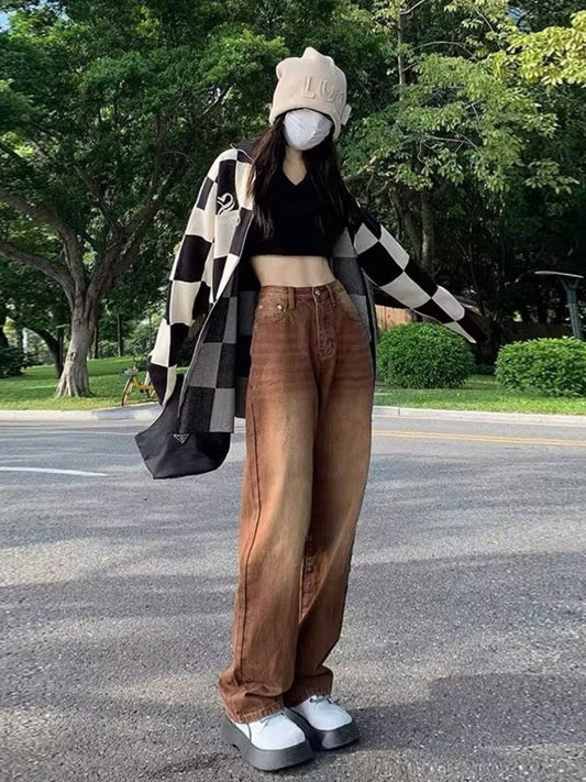 swvws European And American Retro Brown Jeans Women's Spring And Autumn High-waisted Straight-leg Loose And Thin Wide-leg Pants