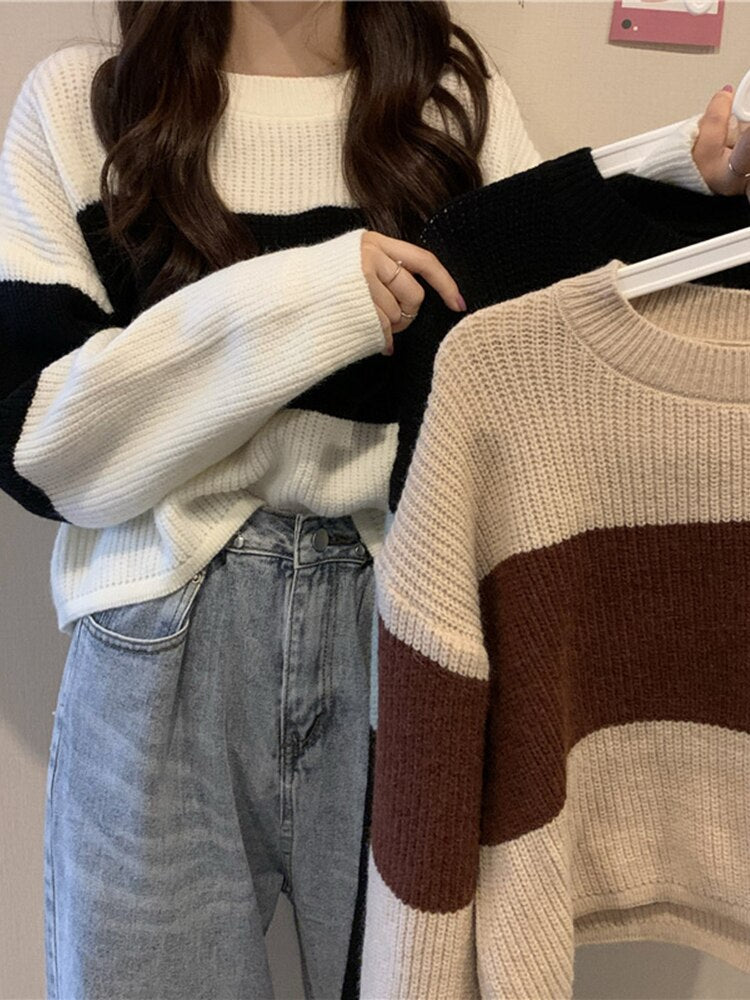 swvws Autumn Winter Knitted Sweater Women Casual Stripe Pullover Korean Vintage Loose Short Knitwear Female Long Sleeve O Neck Sweater