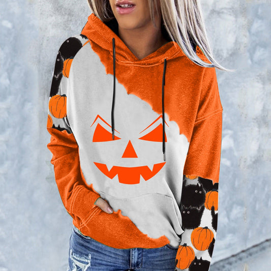 swvws Halloween Hoodies Casual Sweatshirts For Womens Pumpkin Face Printing Patchwork Hoodie Halloween Fashion Long Sleeve Casual Drawstring Sweatshirts