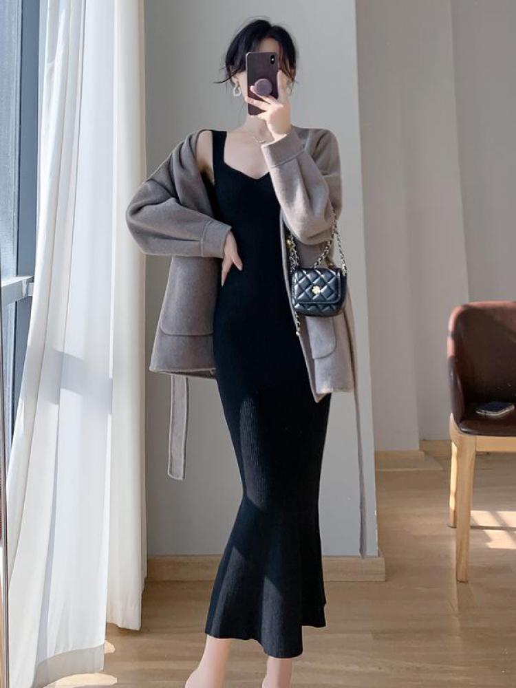 swvws Korea Summer New Women White Elegant V-neck Knit Slip Long Dress French Black Sexy Club Slim Prom Evening Party Fishtail Dresses