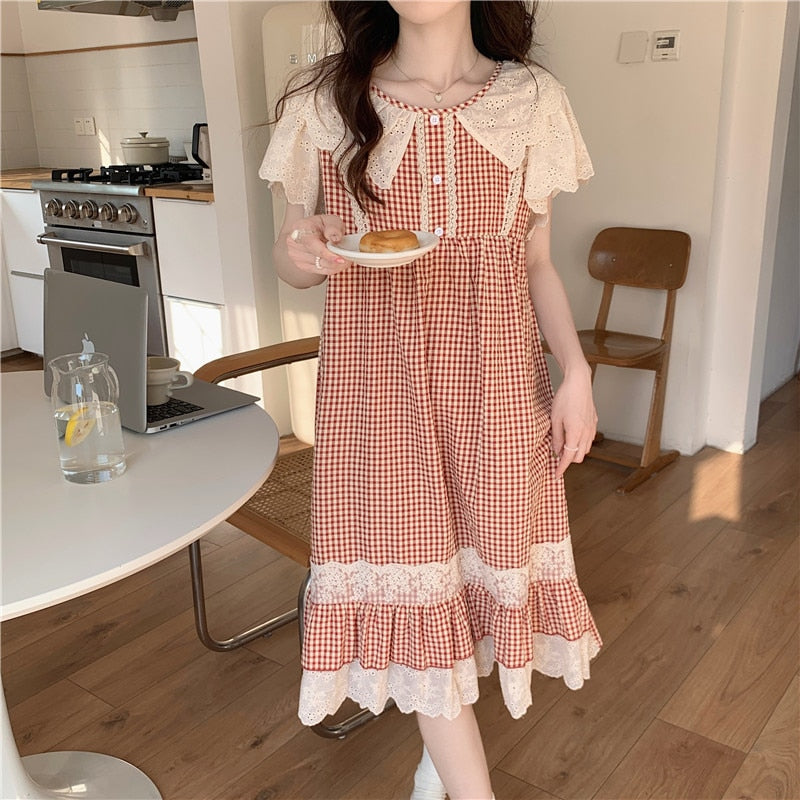 swvws Plaid Retro Elegant Casual NightDress Soft Ruffles Sweet Simple Summer O-Neck Princess Long Sleepwear Cotton Lace Short sleeve