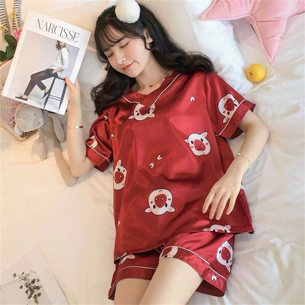 swvws Women's Summer Short-Sleeved Ice Silk Pajamas Loose And Comfortable Homewear Pajama Set Women Sleepwear