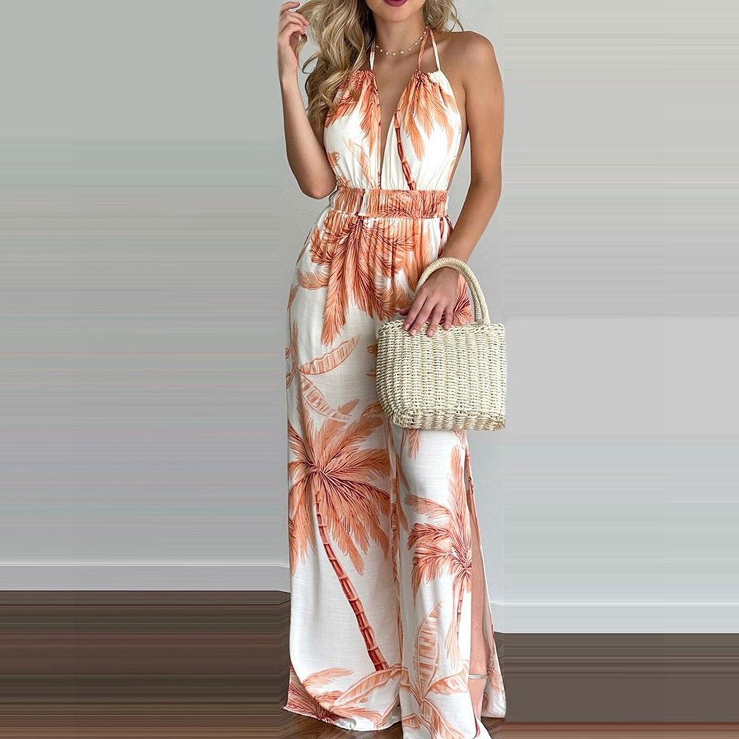 swvws Ladies Fashion Print Sexy V-Neck Suspenders Open Back Casual Long Street Loose Big Swing, Jumpsuit  Tie Dye Jumpsuit  For Women