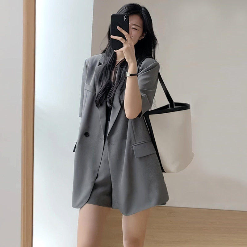 swvws  Summer Retro Korean Version of the Temperament Short-sleeved Suit Jacket + Shorts Set Casual Loose Suit Two-piece Female