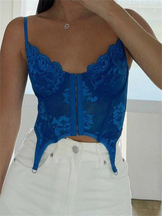 swvws Lace Floral  Chic Bodycon Camis Sexy Retro  Grunge Cropped Corset Tank Tops Harajuku Solid Blue Shirts