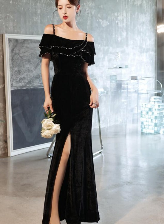 Tmallworld Sexy Black Velvet Beaded Straps Slit Long Evening Dress, Black Formal Dress Party Dress