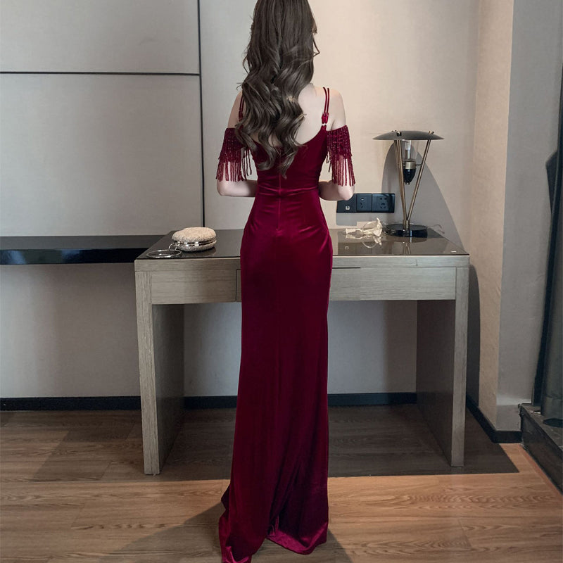 Tmallworld Sexy Wine Red Velvet Mermaid Sweetheart Long Evening Dress, Off Shoulder Dark Red Party Dress