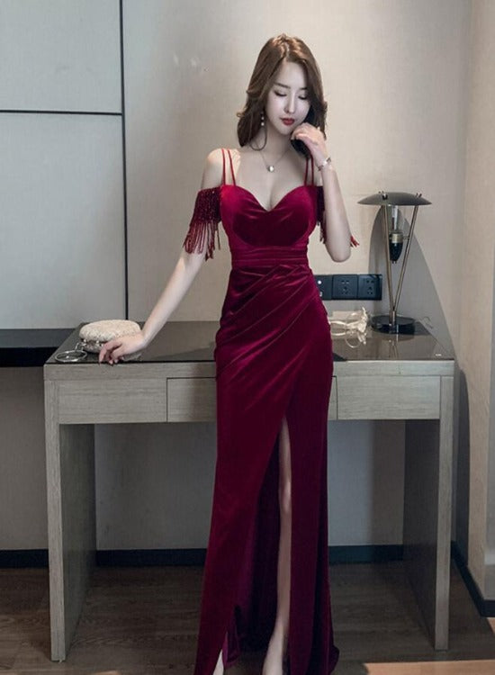 Tmallworld Sexy Wine Red Velvet Mermaid Sweetheart Long Evening Dress, Off Shoulder Dark Red Party Dress