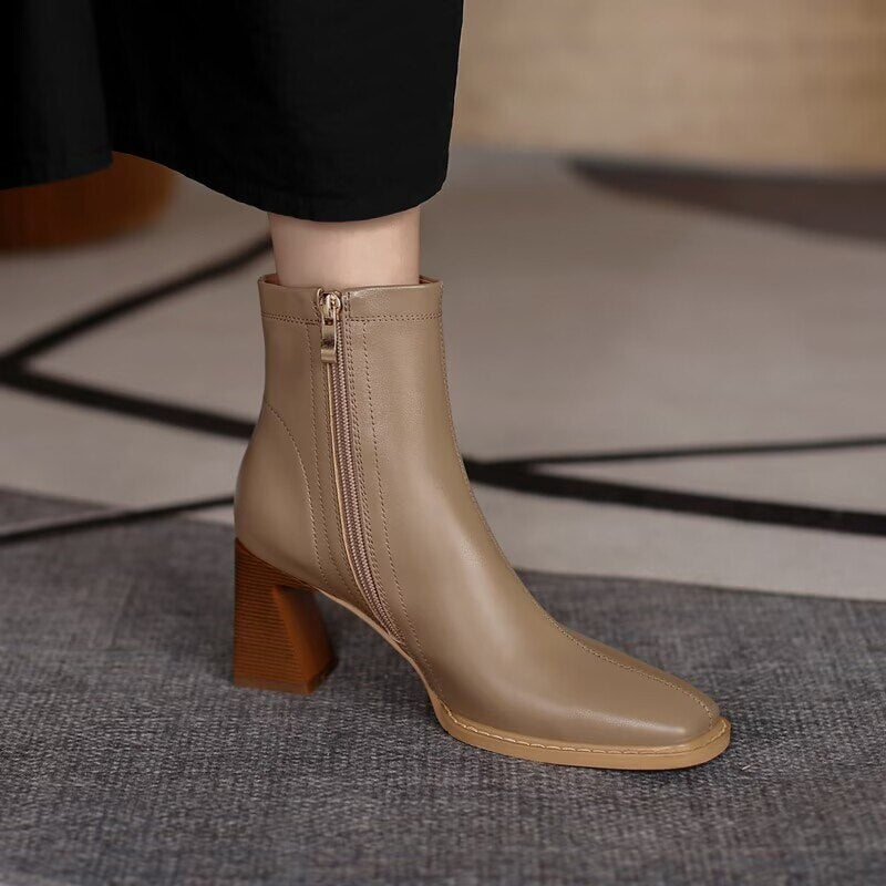 swvws Ankle Boots for Women Square Toe Fashion Shoes Autumn Winter Short Boots Zipper Square Heels Comfortable Lady Shoes