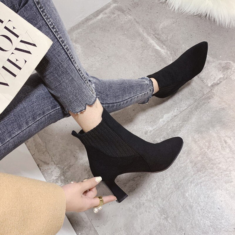 swvws Autumn Winter Women Boots Elastic Ankle Boots Pointed Toe Thick Heel High Heels Shoes Woman Female Plus Fleece Warm Socks Boots