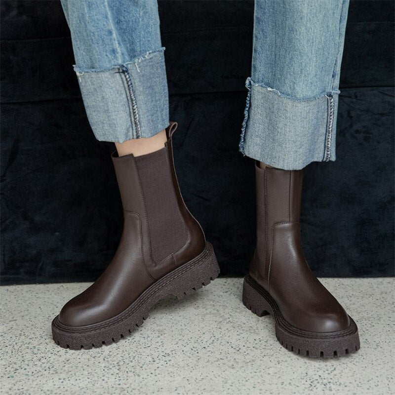 swvws Autumn Shoes     Fall/Winter Shoes Women Leather Ankle Boots Women Round Toe Chunky Heel Women Shoes Solid Chelsea Boots Casual Women Boots